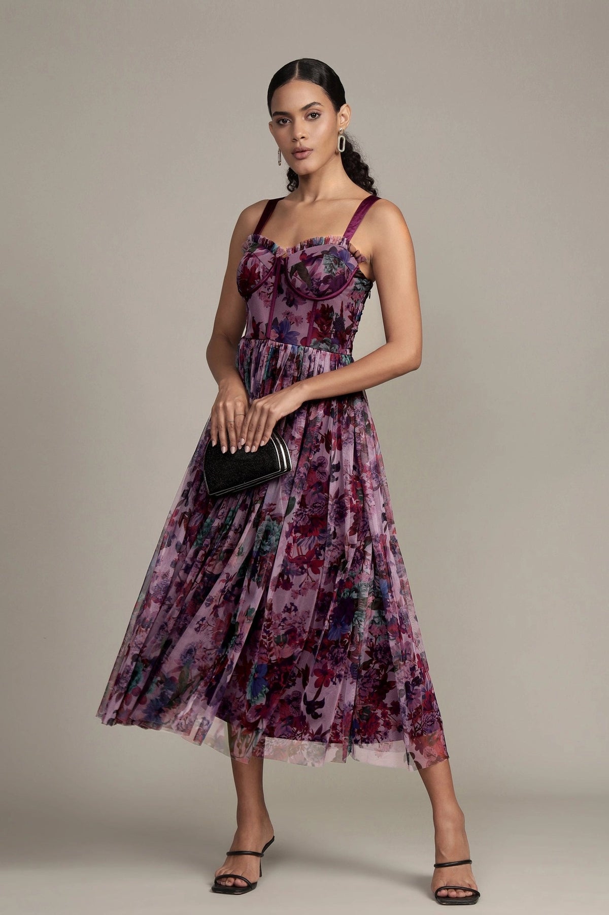 Lace & Beads Dane Purple Floral Corset Tulle Midi Dress