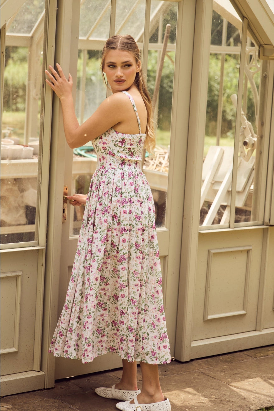 Lace & Beads Dane Corset Pink Purple Floral Midi Dress Lace & Beads Dane Corset Pink Purple Floral Midi Dress