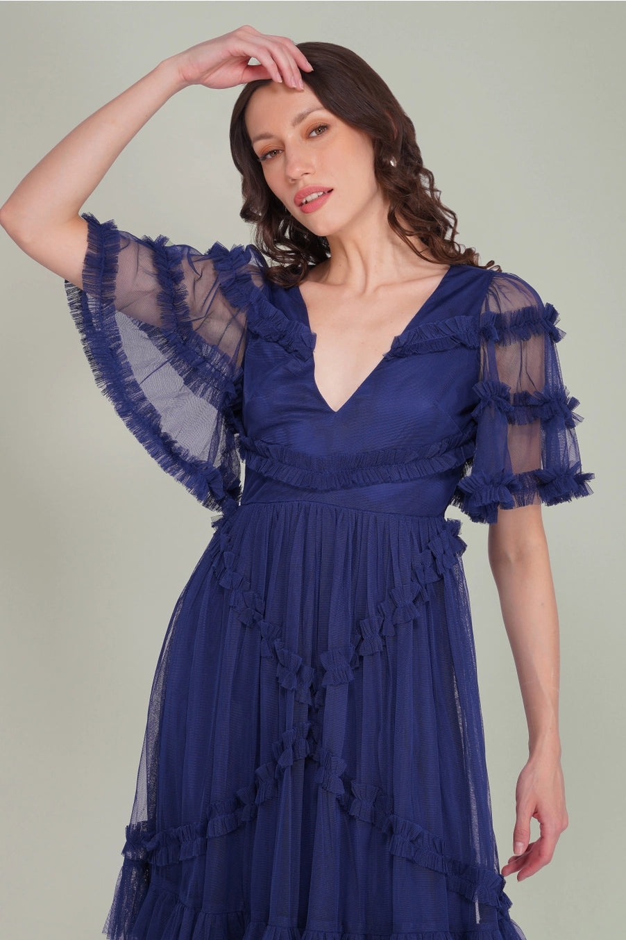 Lace & Beads Florette Tulle Navy Blue Midi Dress
