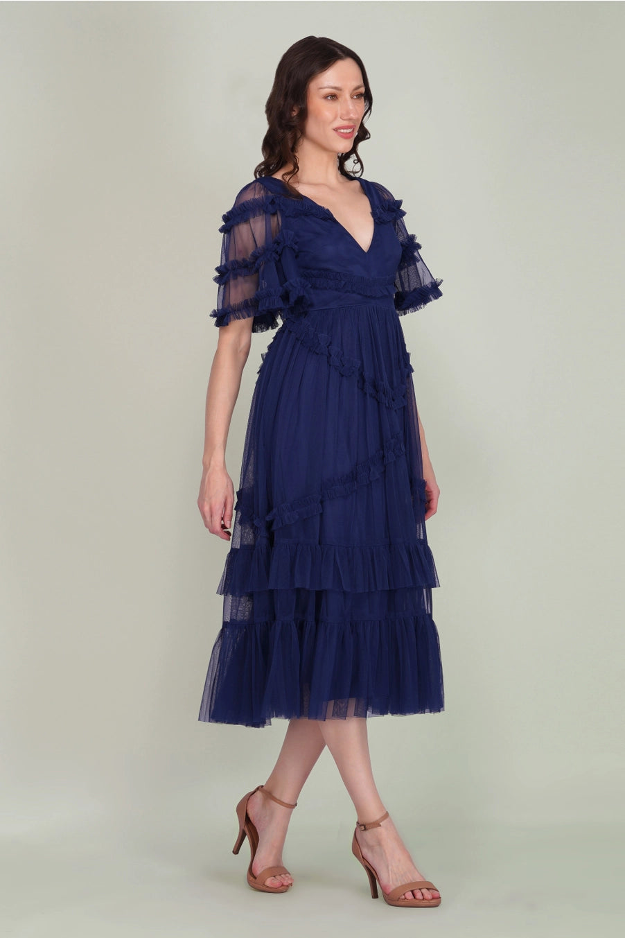 Lace & Beads Florette Tulle Navy Blue Midi Dress