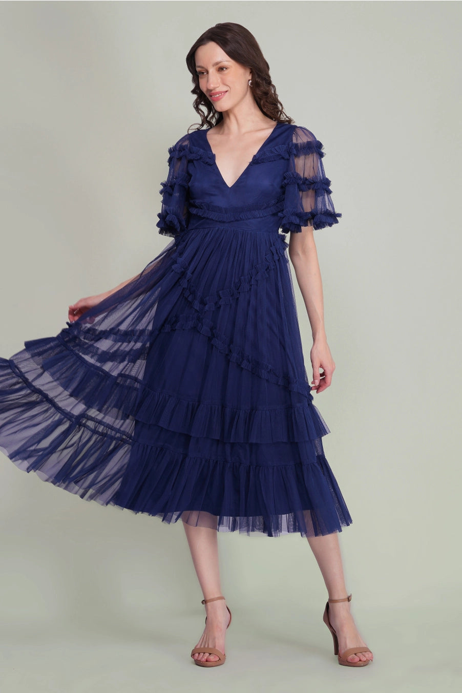 Lace & Beads Florette Tulle Navy Blue Midi Dress