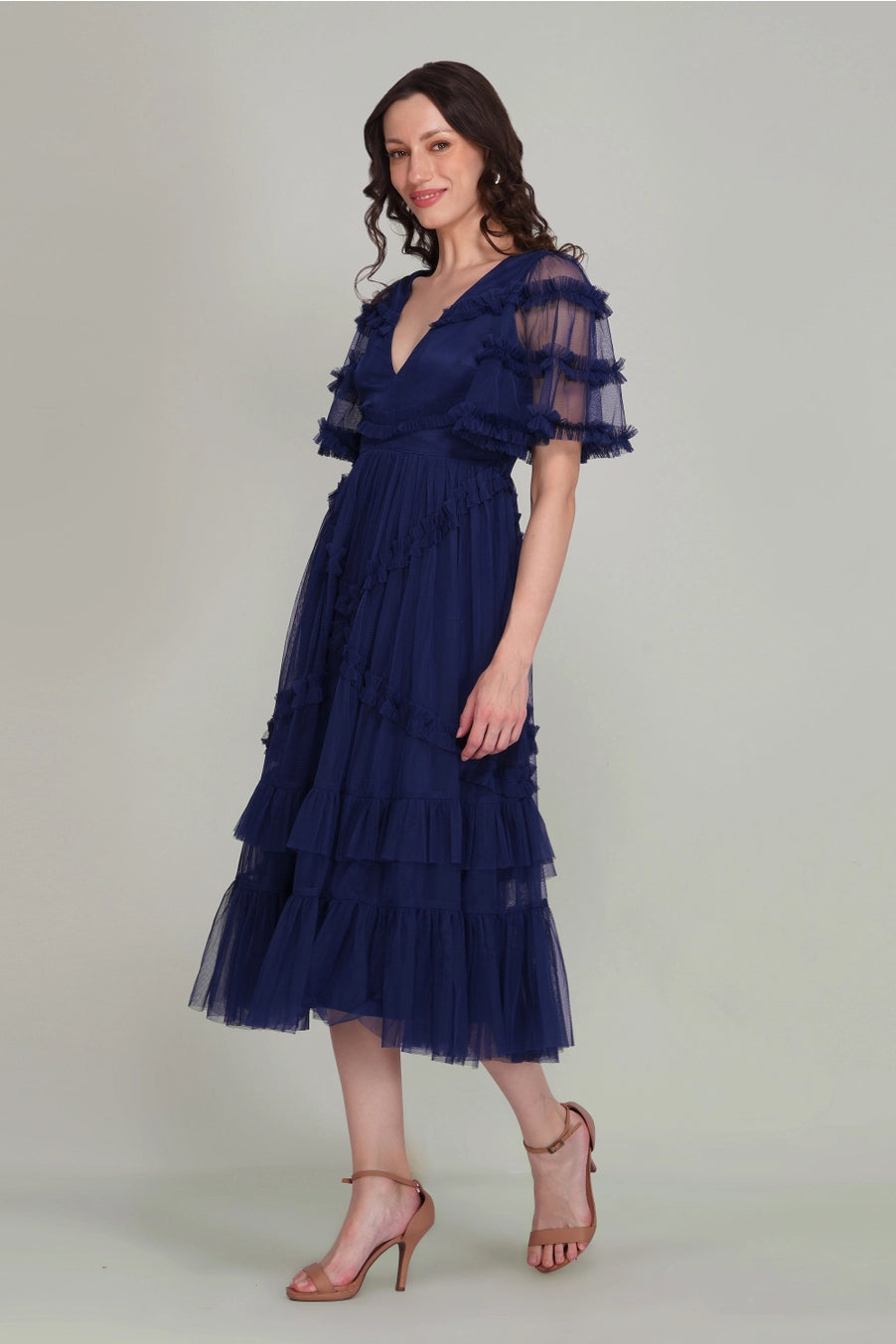 Lace & Beads Florette Tulle Navy Blue Midi Dress