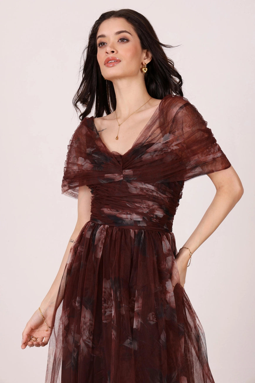 Lace & Beads Gillian Mocha Plum Floral Tulle Maxi Dress