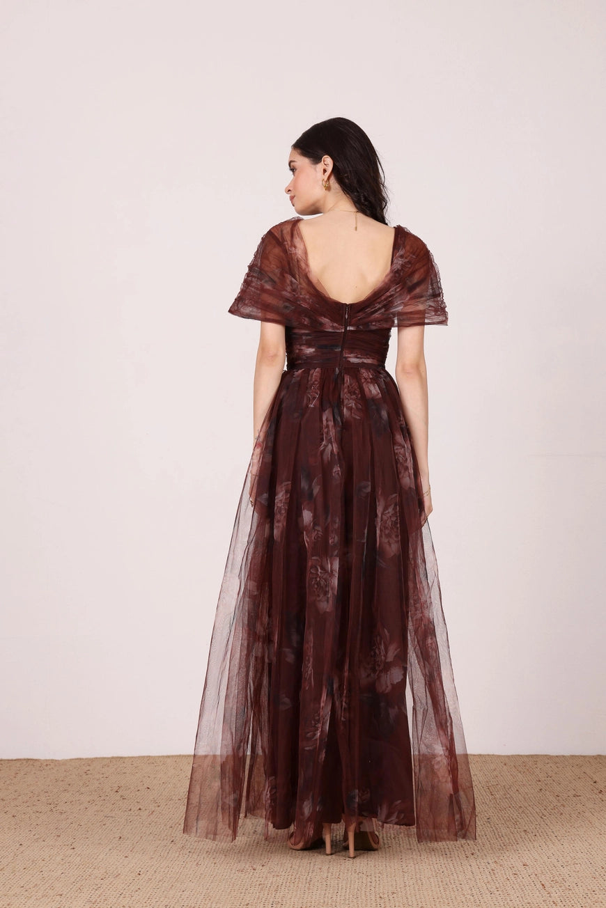 Lace & Beads Gillian Mocha Plum Floral Tulle Maxi Dress