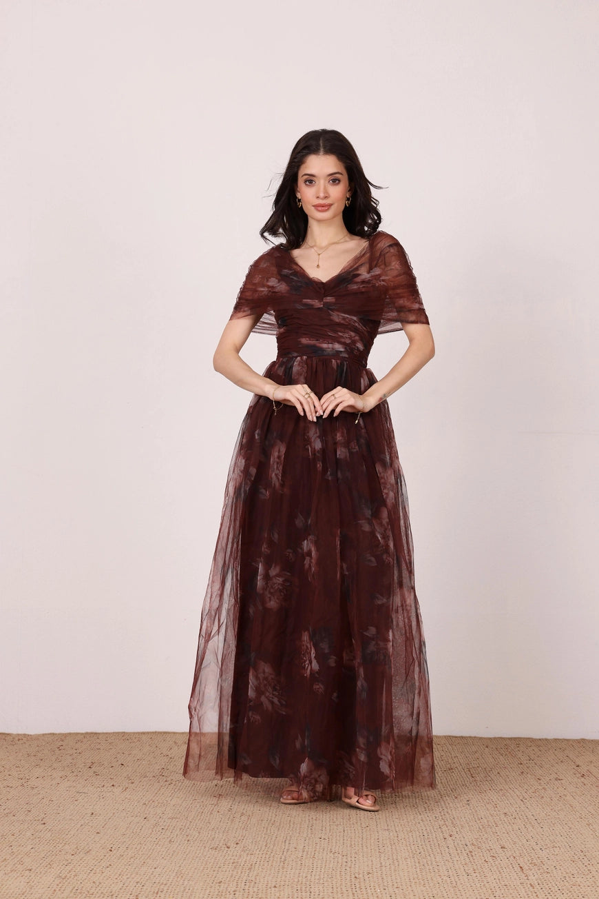 Lace & Beads Gillian Mocha Plum Floral Tulle Maxi Dress