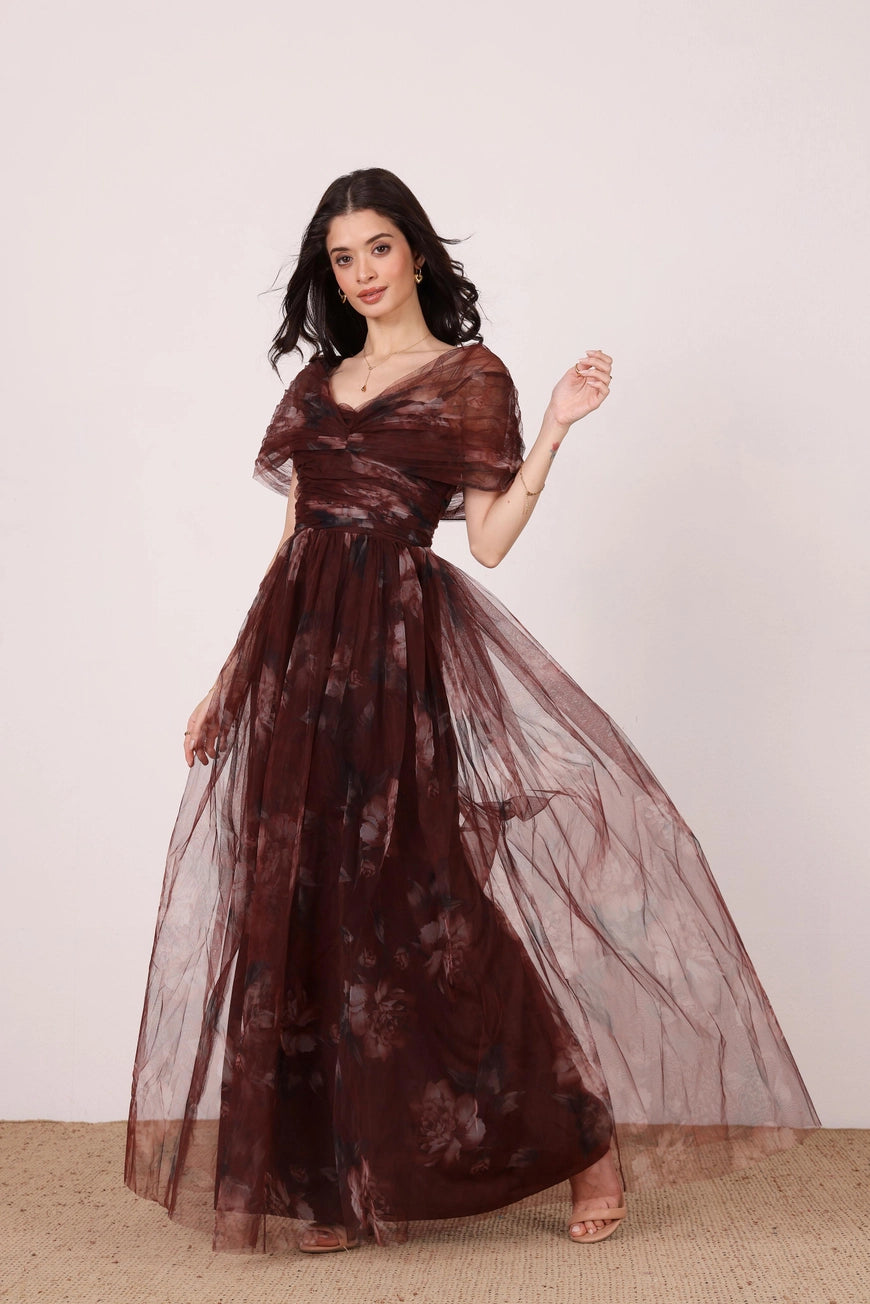 Lace & Beads Gillian Mocha Plum Floral Tulle Maxi Dress