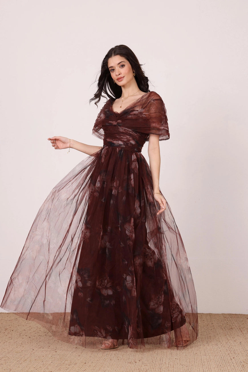 Lace & Beads Gillian Mocha Plum Floral Tulle Maxi Dress