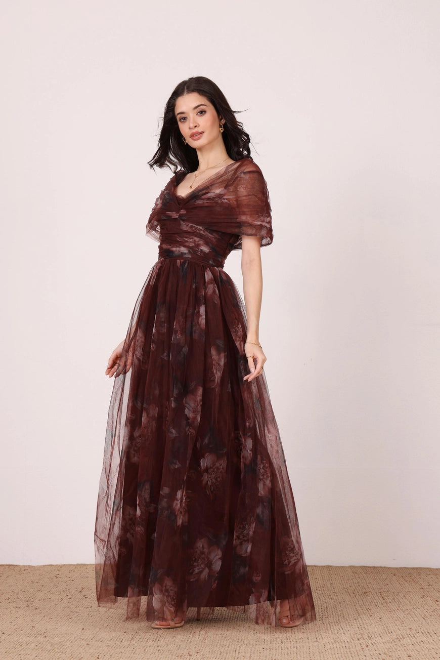 Lace & Beads Gillian Mocha Plum Floral Tulle Maxi Dress