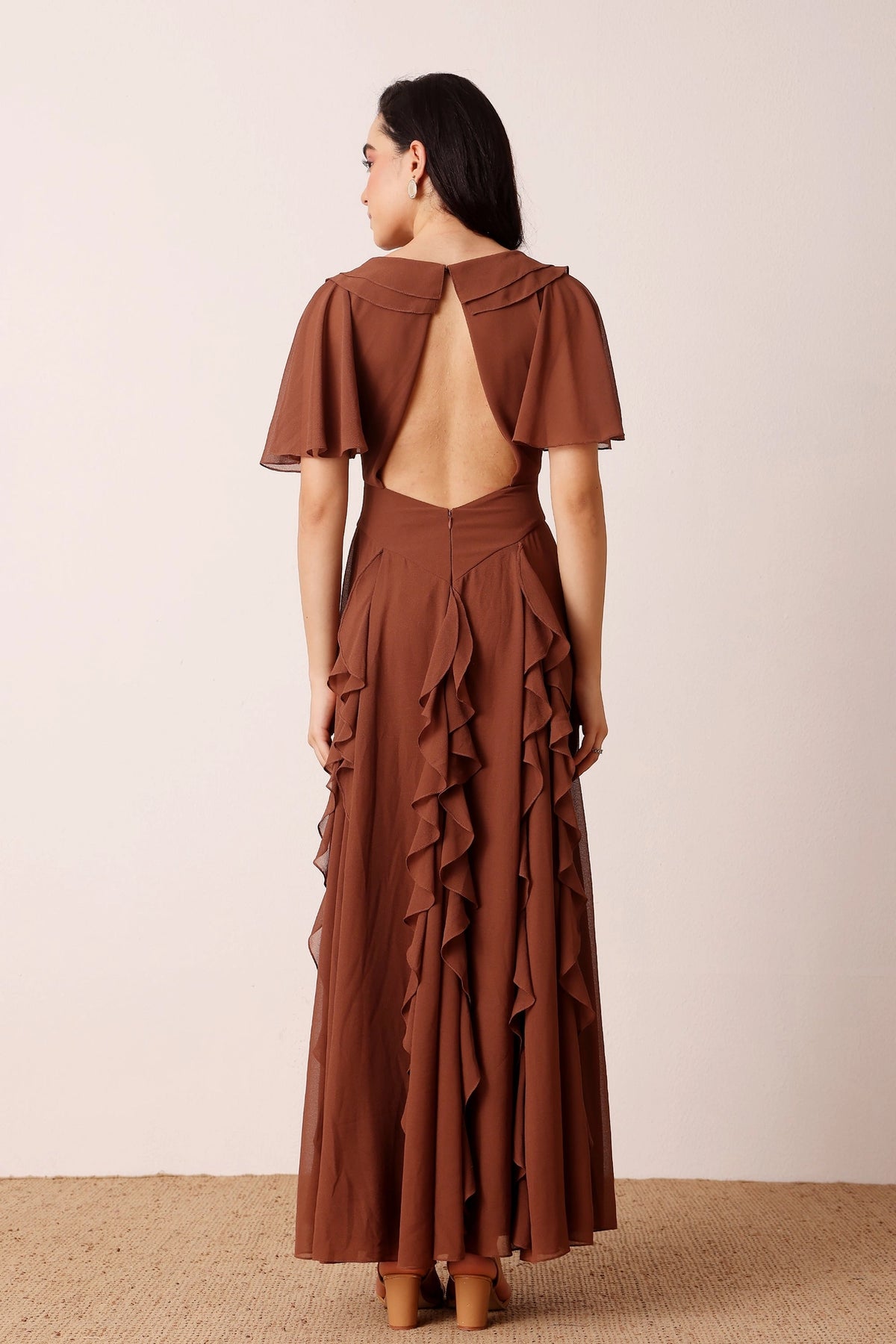 Lace & Beads Hertia Mocha Brown Ruffle Maxi Dress
