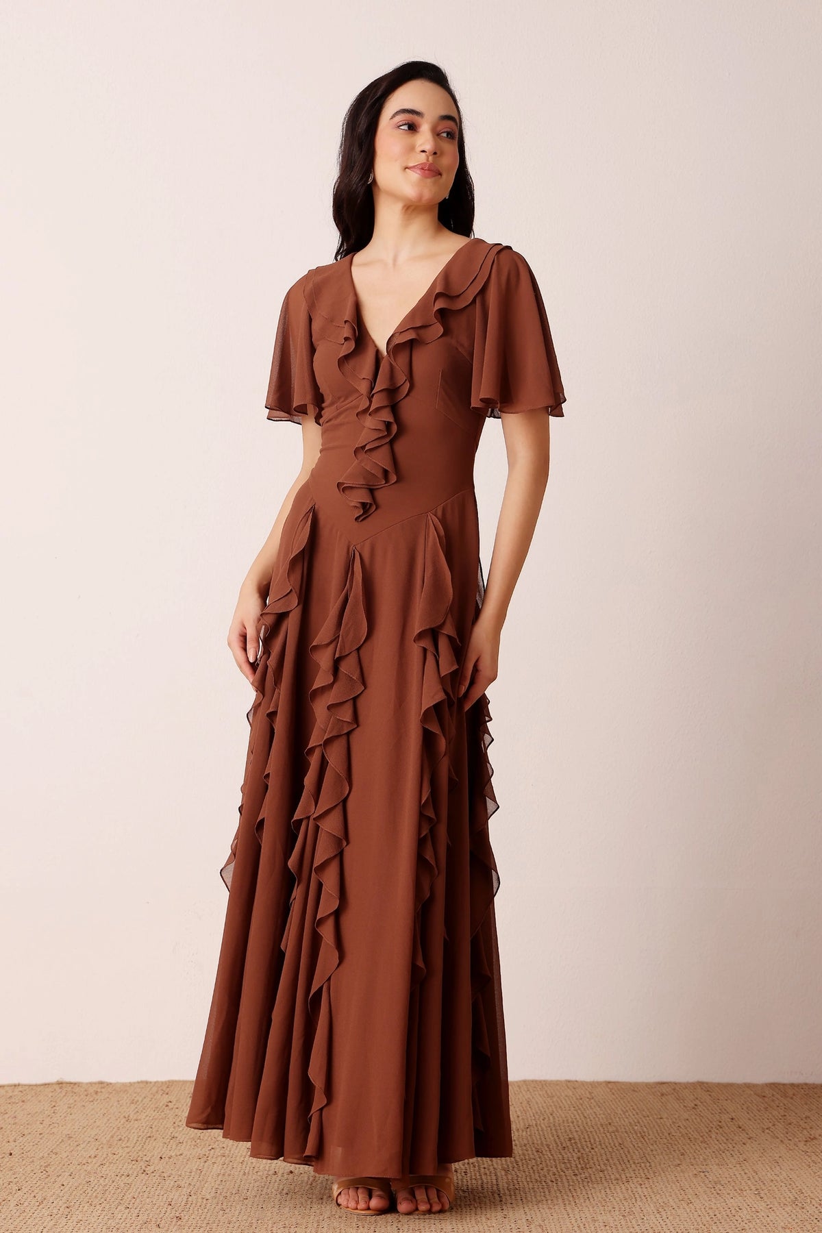 Lace & Beads Hertia Mocha Brown Ruffle Maxi Dress