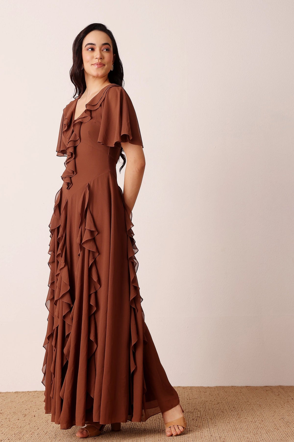 Lace & Beads Hertia Mocha Brown Ruffle Maxi Dress