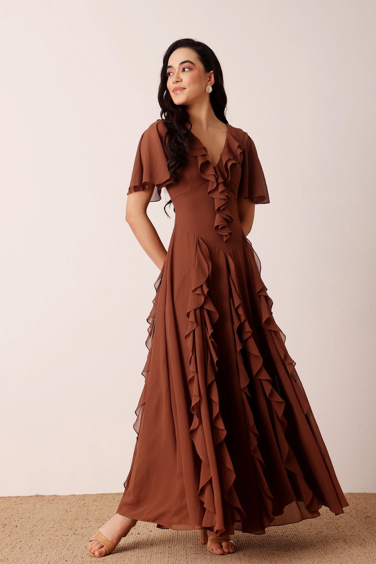 Lace & Beads Hertia Mocha Brown Ruffle Maxi Dress