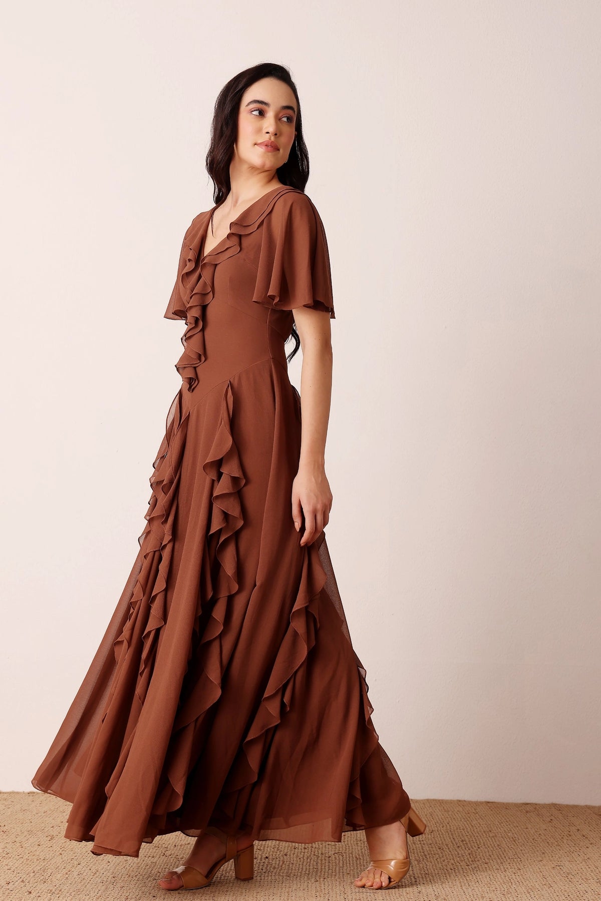 Lace & Beads Hertia Mocha Brown Ruffle Maxi Dress