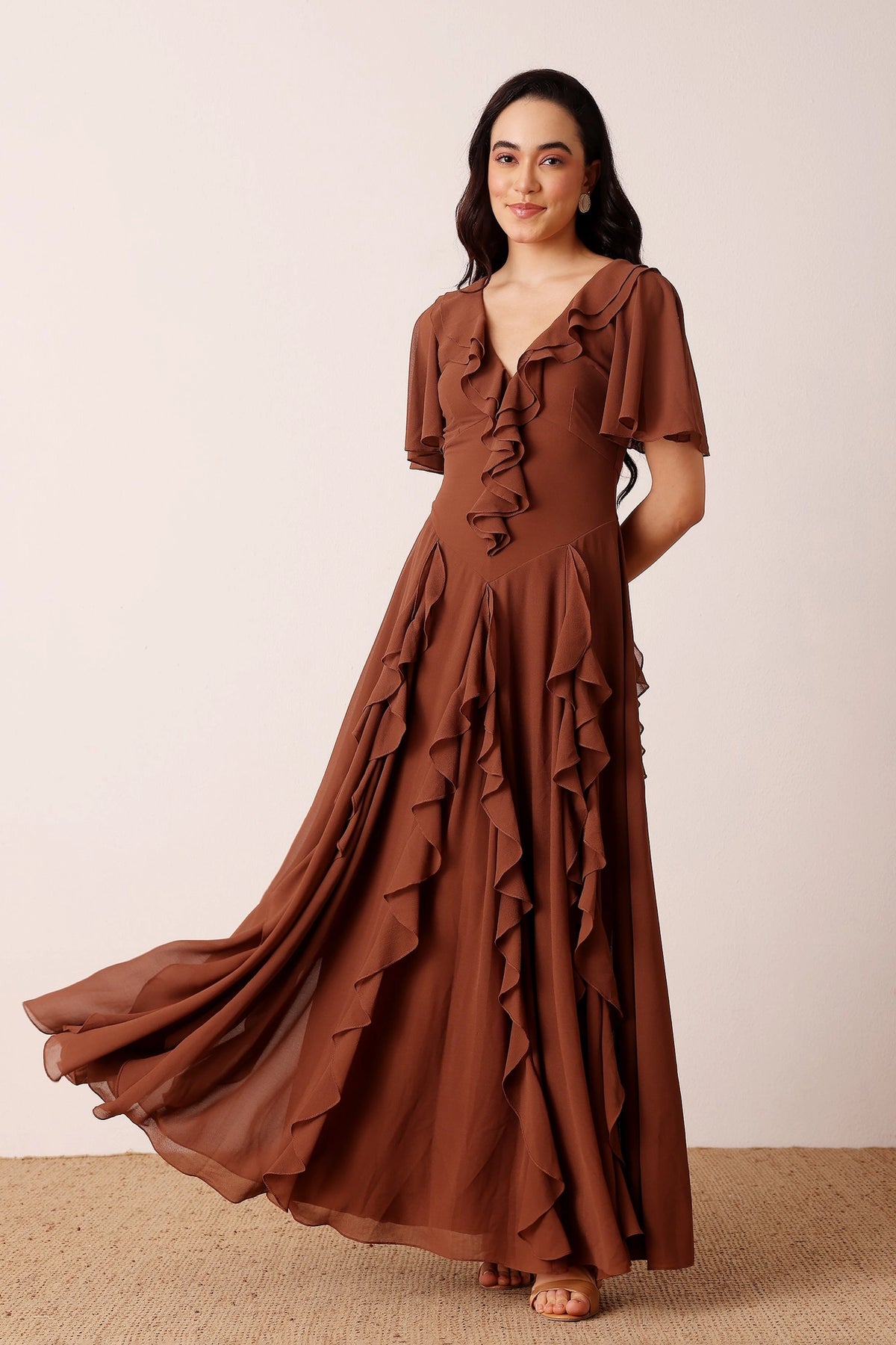 Lace & Beads Hertia Mocha Brown Ruffle Maxi Dress