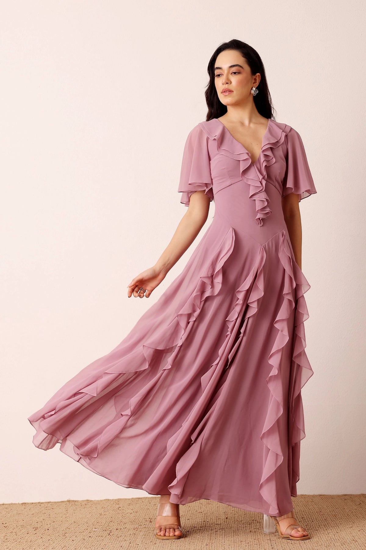 Lace & Beads Hertia Dusty Lilac Ruffle Maxi Dress