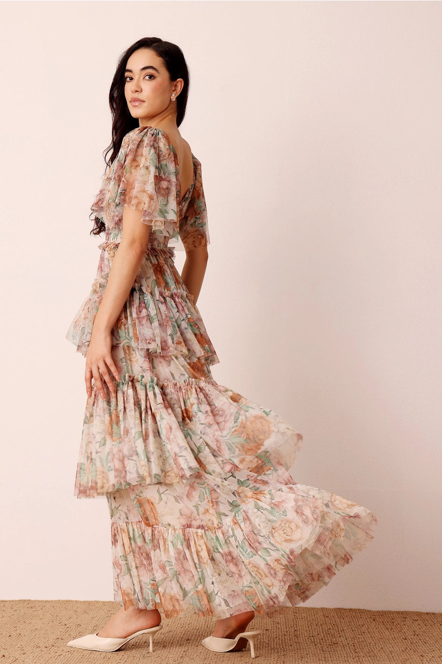 lace and beads tulle dress Lace & Beads off the shoulder tulle maxi dress in blue