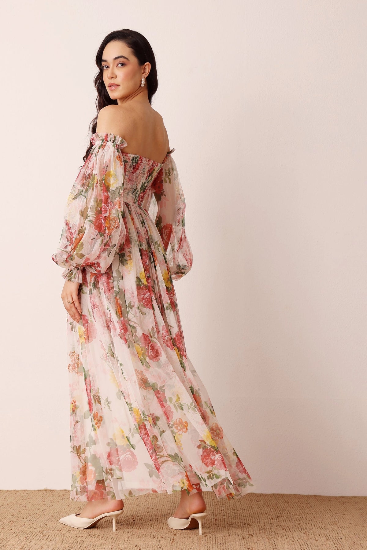 Lace & Beads Lana Cream Floral Tulle Maxi Dress