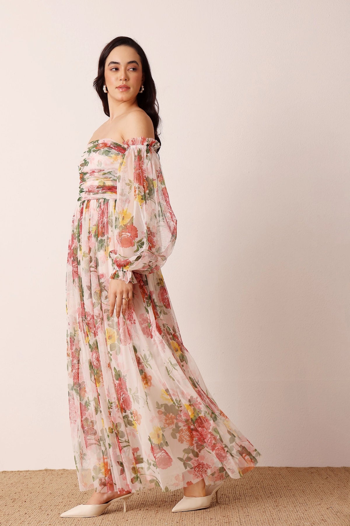 Lace & Beads Lana Cream Floral Tulle Maxi Dress