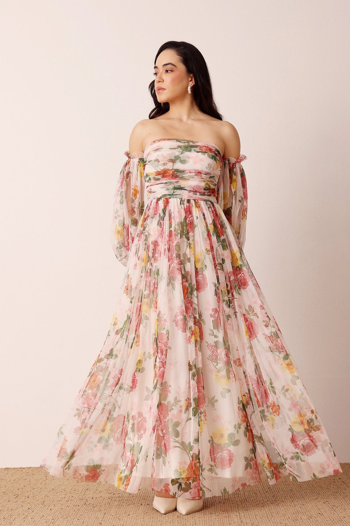 Lace & Beads Lana Cream Floral Tulle Maxi Dress