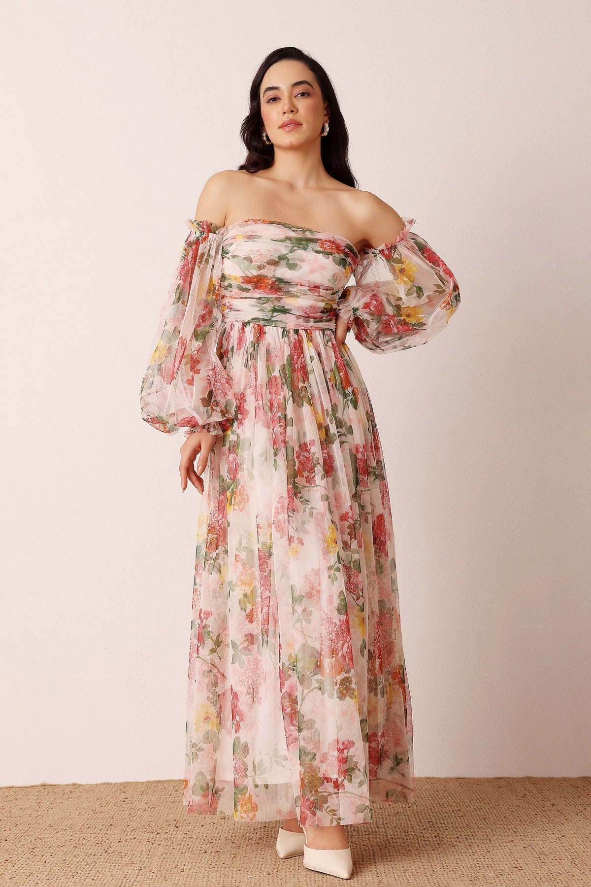 Lace & Beads Lana Cream Floral Tulle Maxi Dress