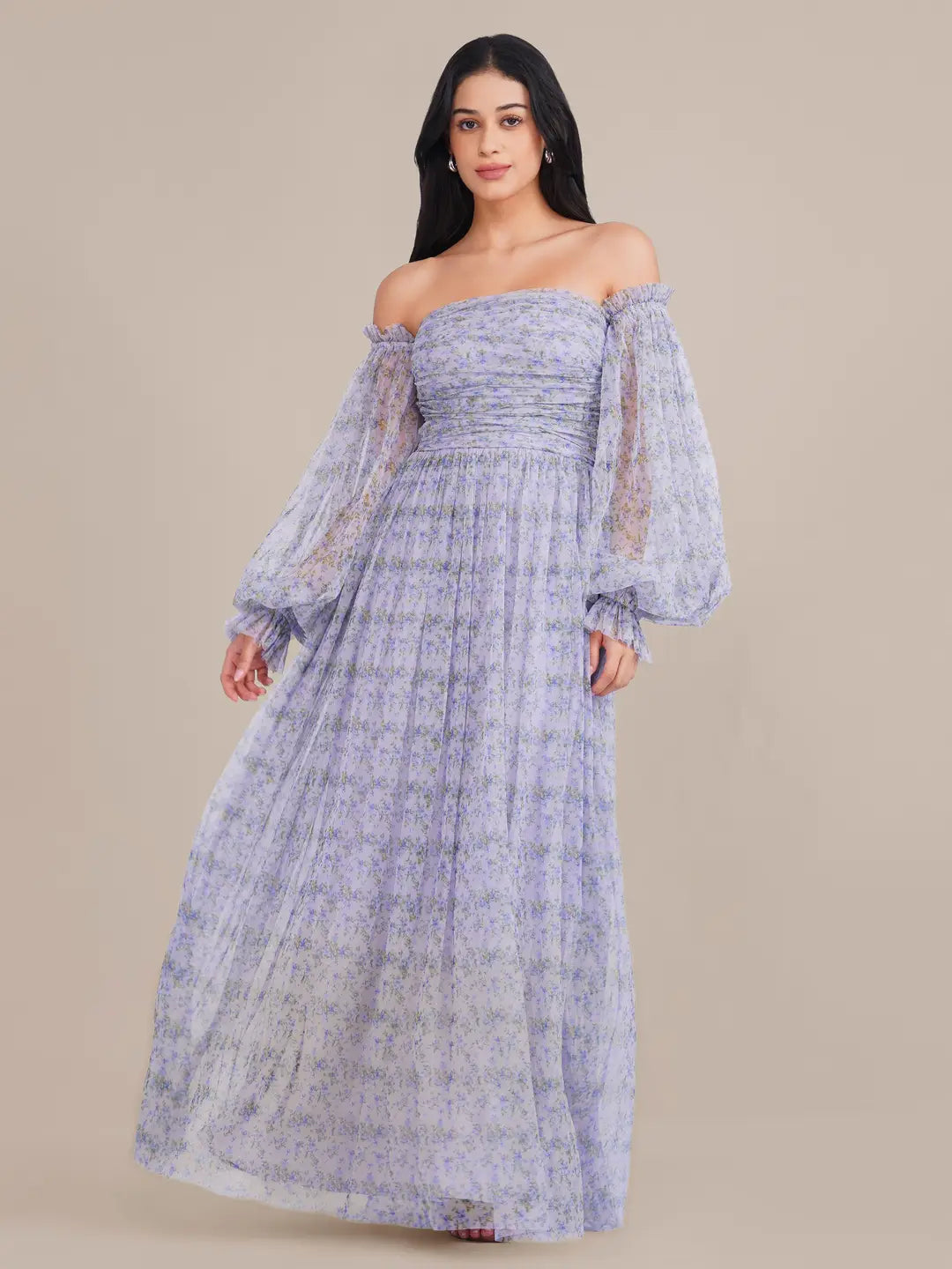 Lace & Beads Lana Lilac Floral Tulle Maxi Dress