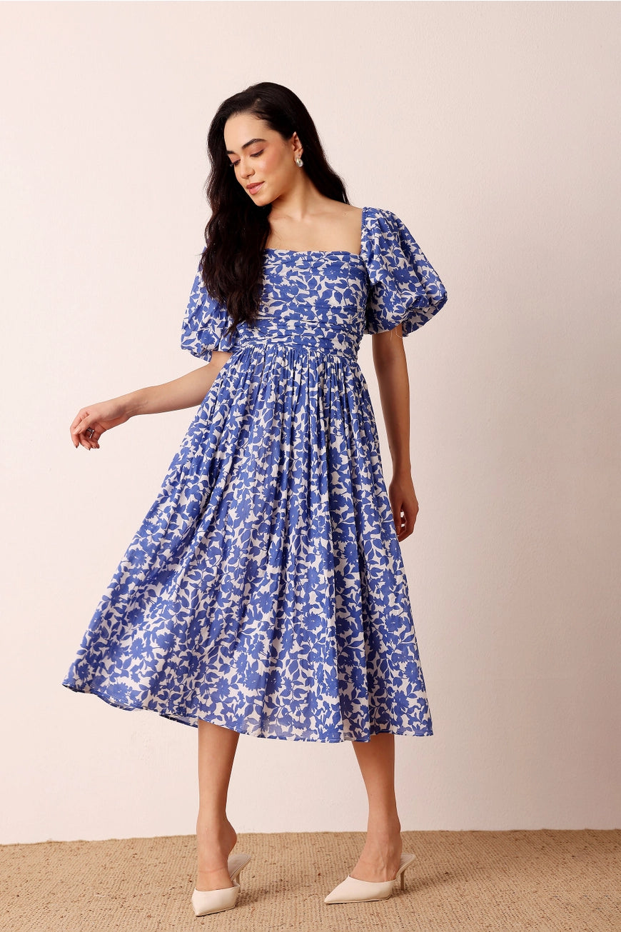 Lace & Beads Lana Puff Sleeve Blue Floral Midi Dress