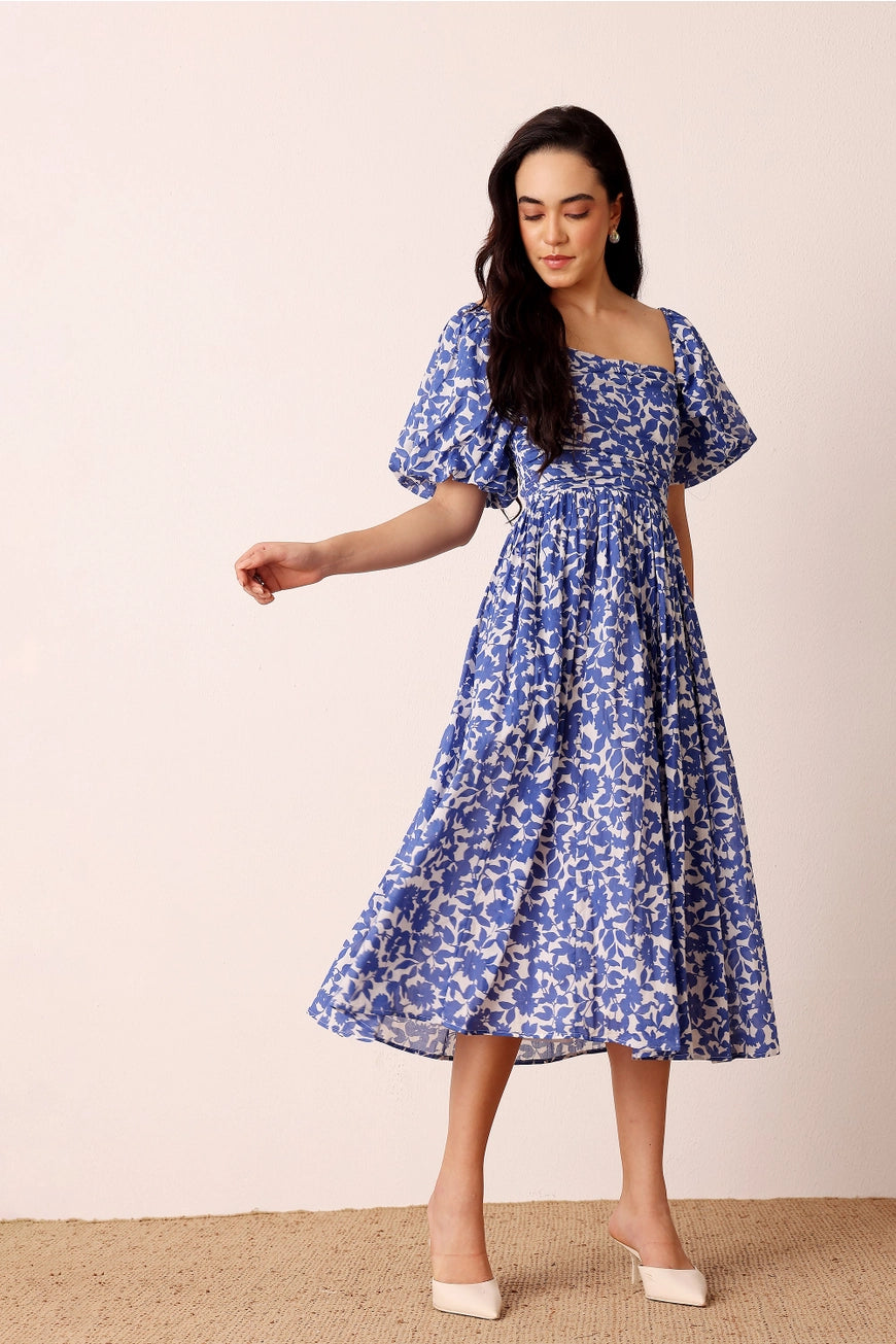 Lace & Beads Lana Puff Sleeve Blue Floral Midi Dress