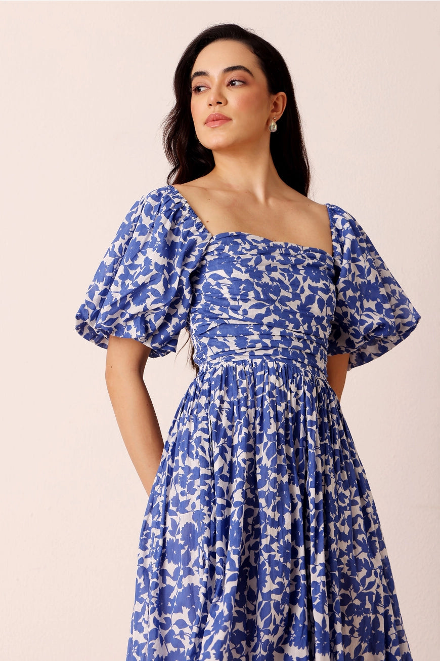 Lace & Beads Lana Puff Sleeve Blue Floral Midi Dress