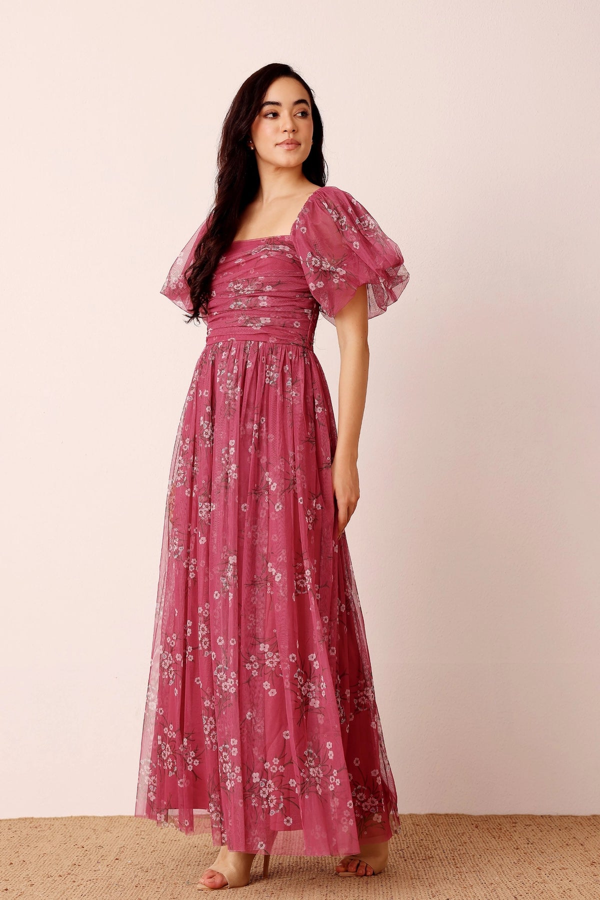 Lace & Beads Lana Orchid Floral Puff Sleeve Tulle Maxi Dress