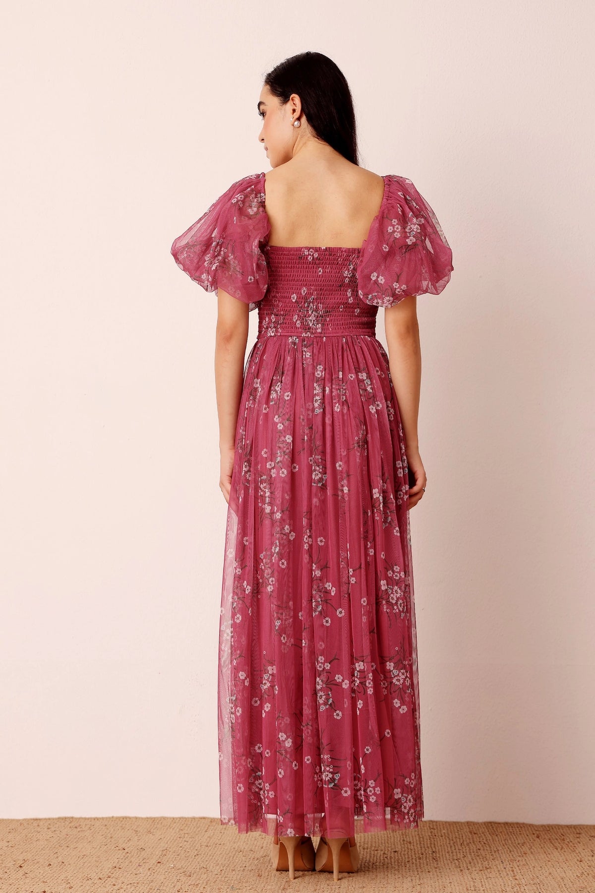 Lace & Beads Lana Orchid Floral Puff Sleeve Tulle Maxi Dress