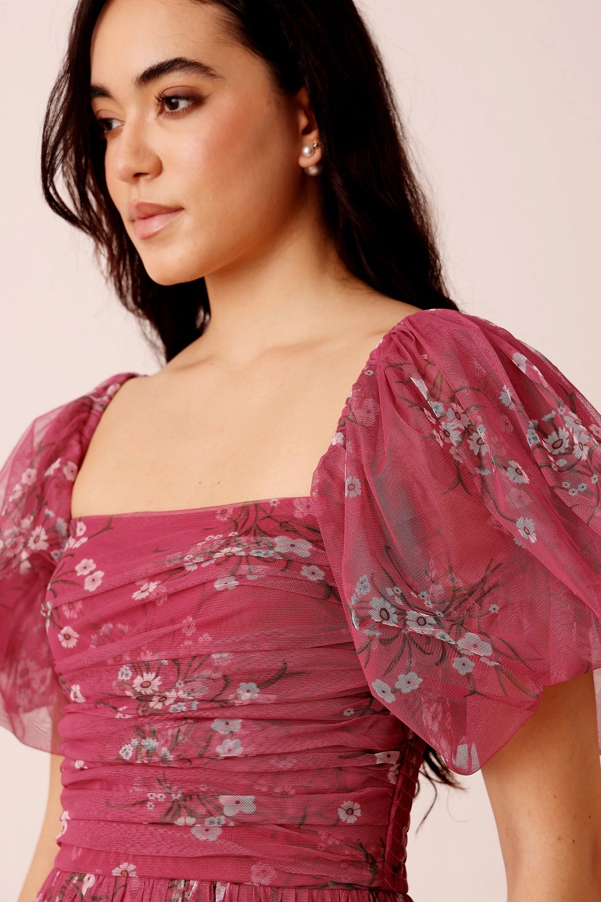 Lace & Beads Lana Orchid Floral Puff Sleeve Tulle Maxi Dress