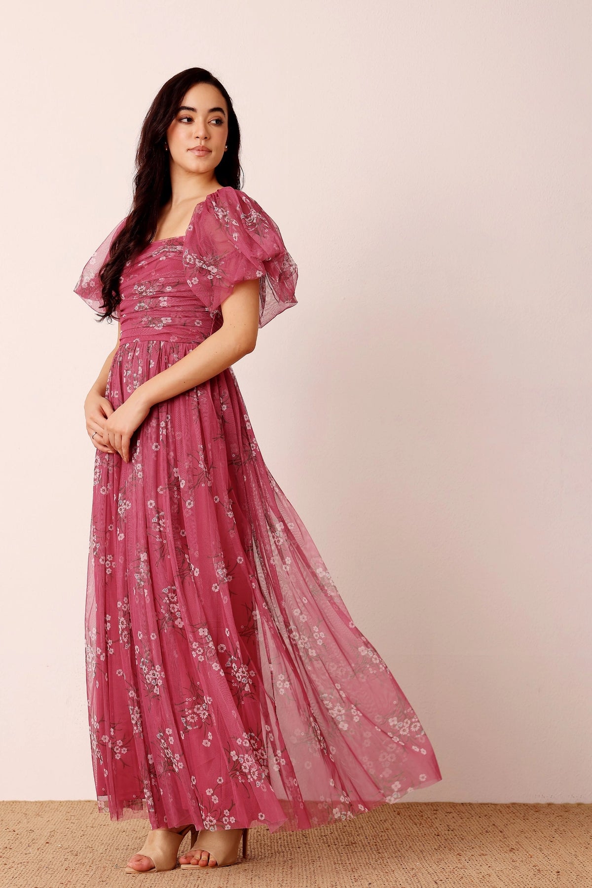 Lace & Beads Lana Orchid Floral Puff Sleeve Tulle Maxi Dress