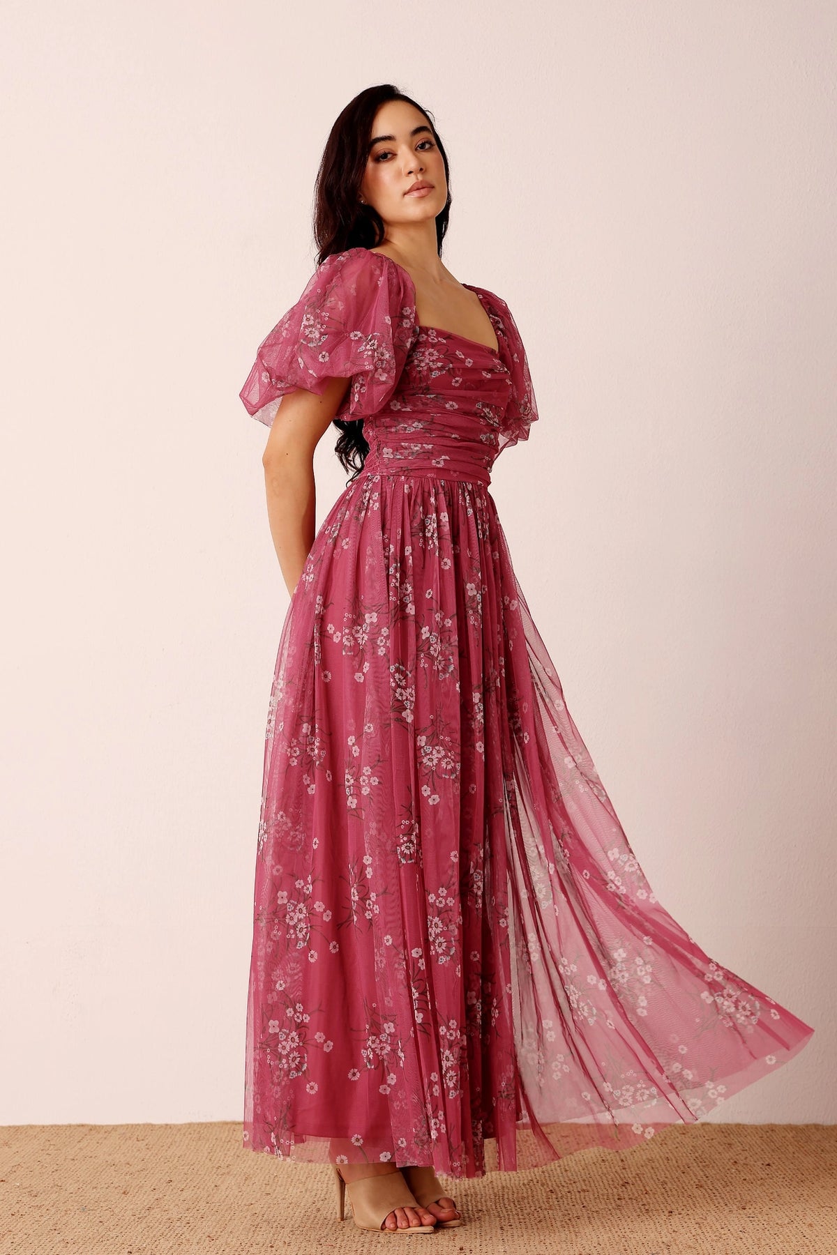Lace & Beads Lana Orchid Floral Puff Sleeve Tulle Maxi Dress