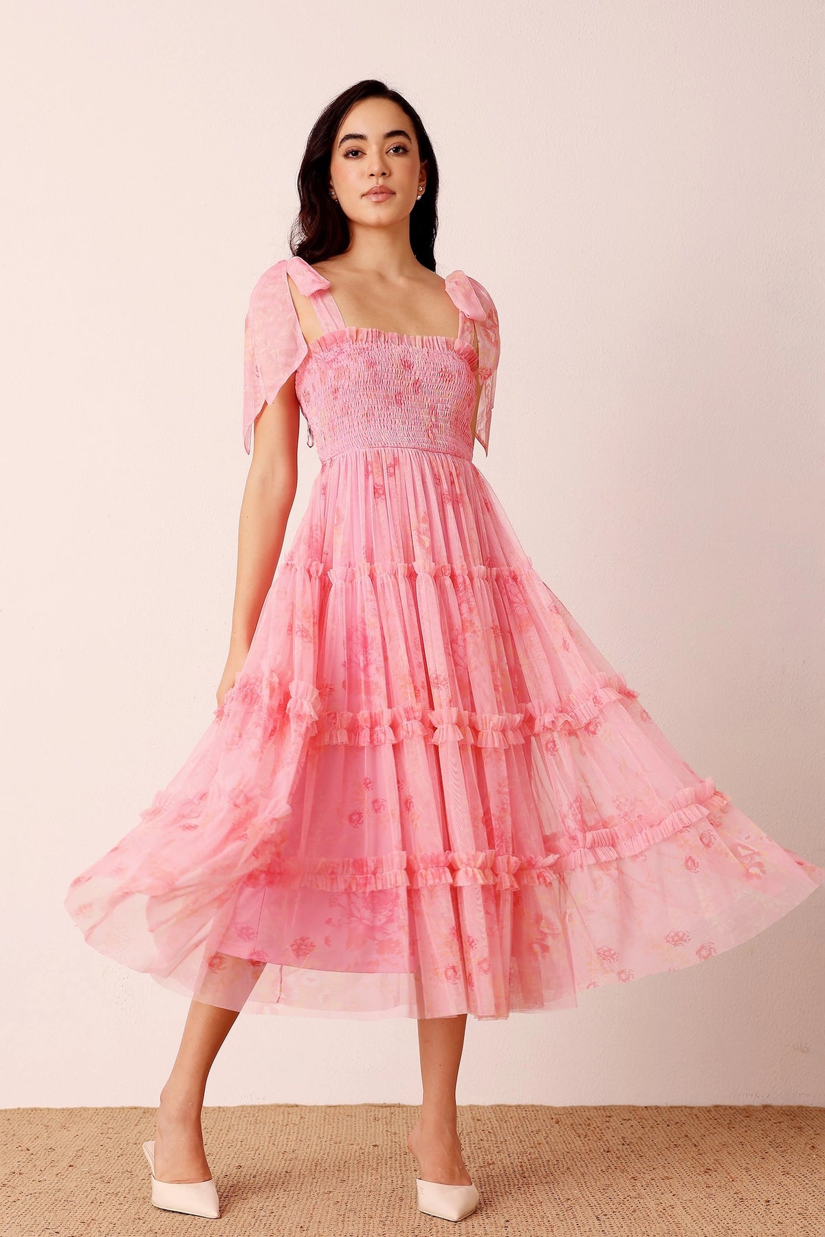 Lace & Beads Louise Pink Floral Tulle Midi Dress