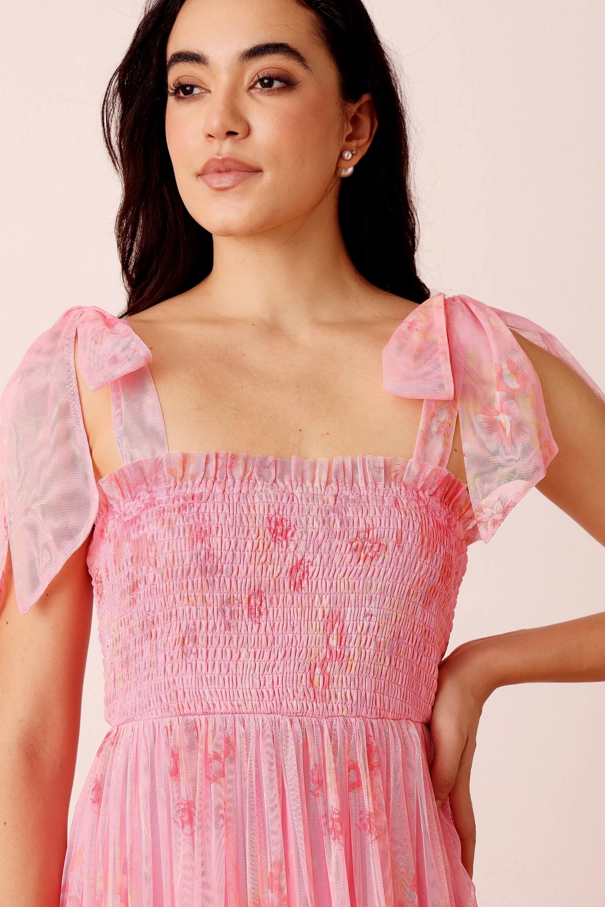 Lace & Beads Louise Pink Floral Tulle Midi Dress