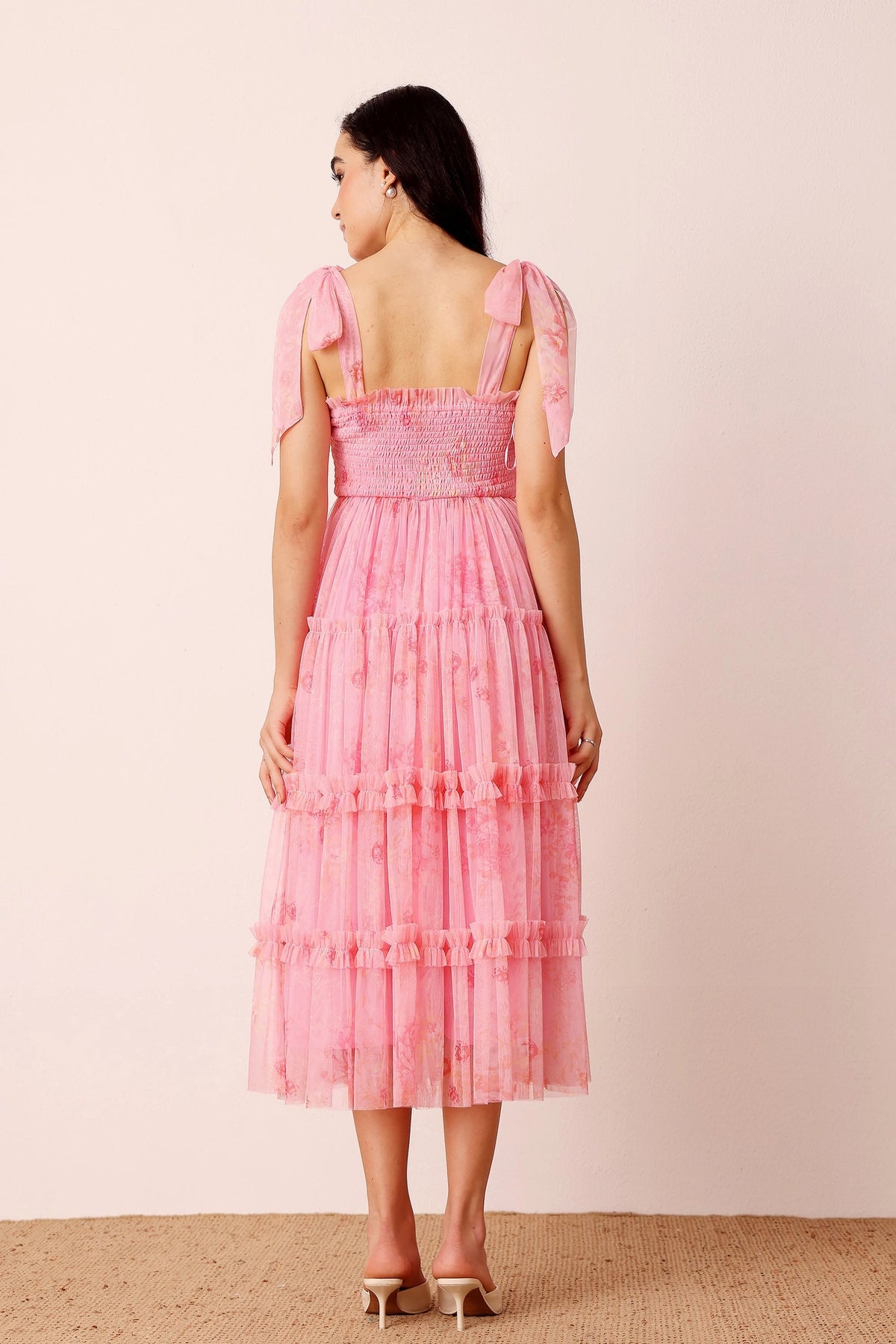 Lace & Beads Louise Pink Floral Tulle Midi Dress