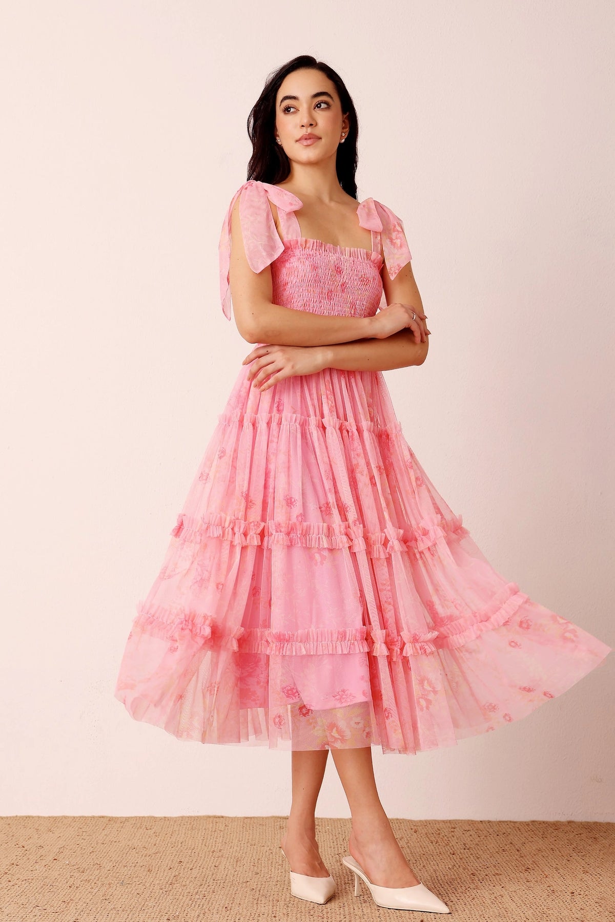 Lace & Beads Louise Pink Floral Tulle Midi Dress