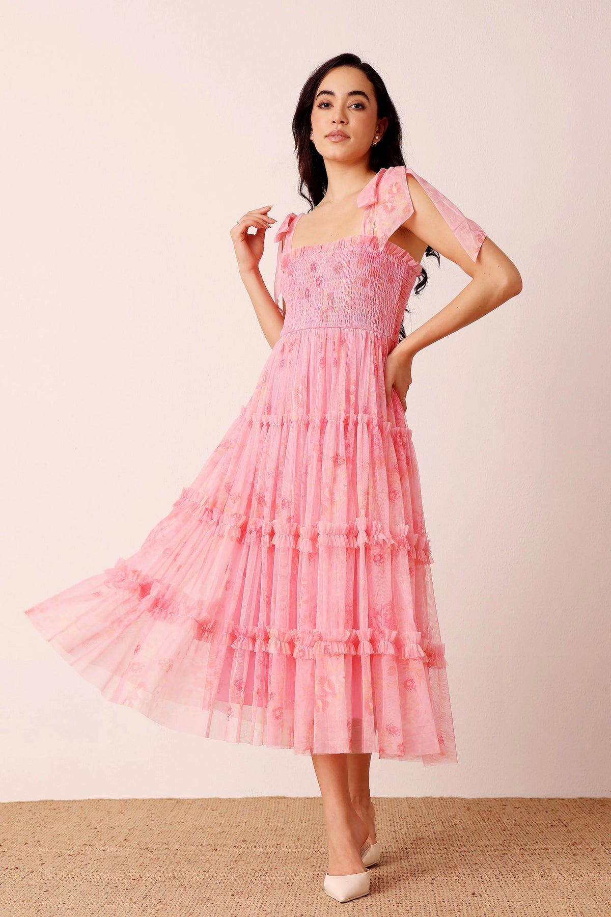 Lace & Beads Louise Pink Floral Tulle Midi Dress