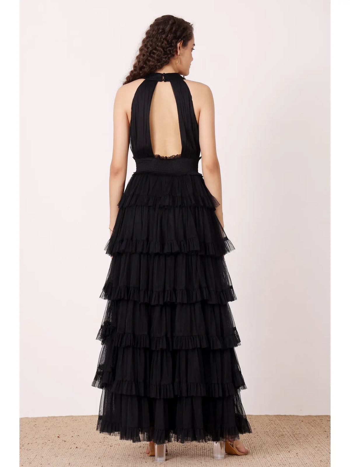 Lace & Beads Lucerne Halterneck Black Ruffle Maxi Dress