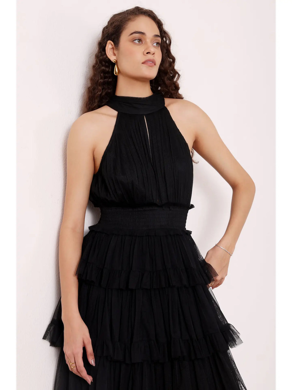 Lace & Beads Lucerne Halterneck Black Ruffle Maxi Dress