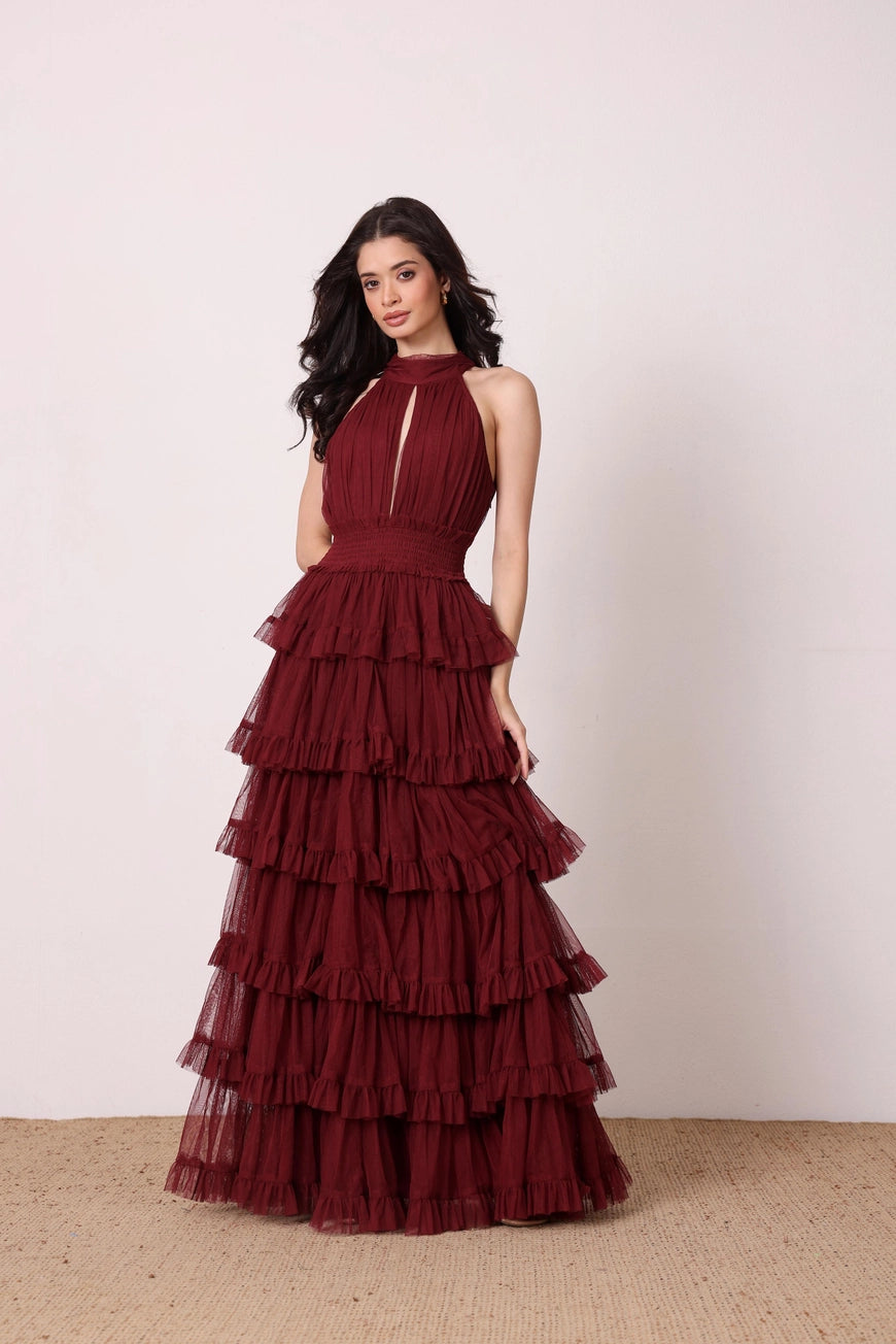 Lace & Beads Lucerne Halterneck Burgundy Ruffle Maxi Dress
