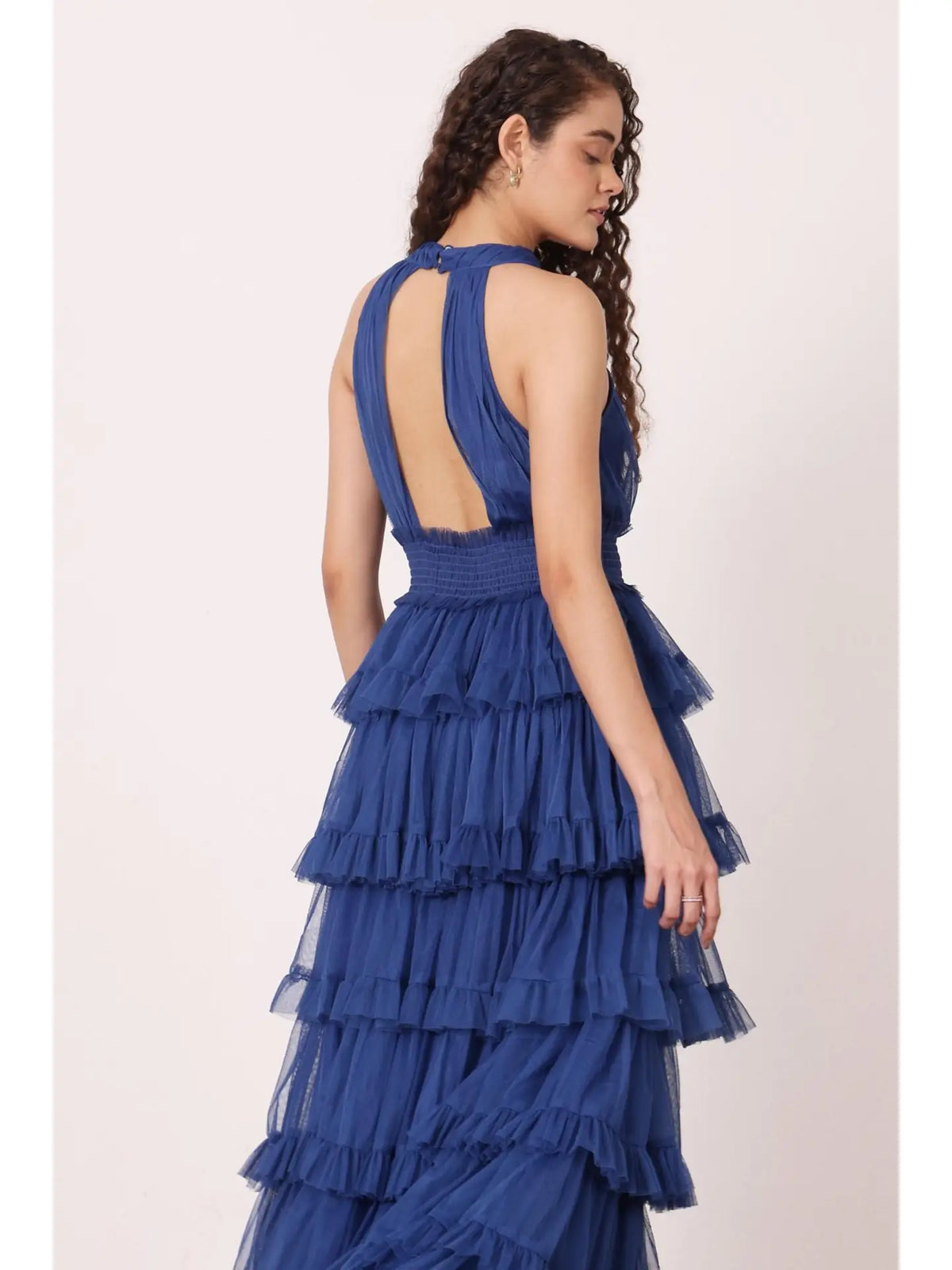 Lace & Beads Lucerne Halterneck Cobalt Blue Ruffle Maxi Dress