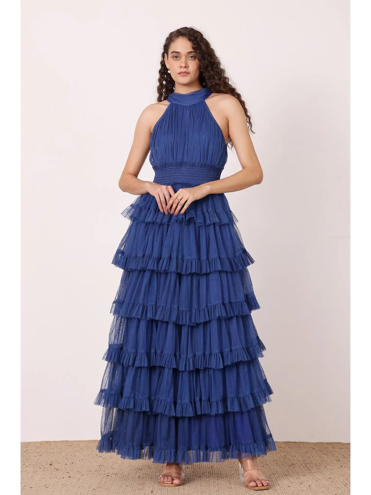 Lace & Beads Lucerne Halterneck Cobalt Blue Ruffle Maxi Dress