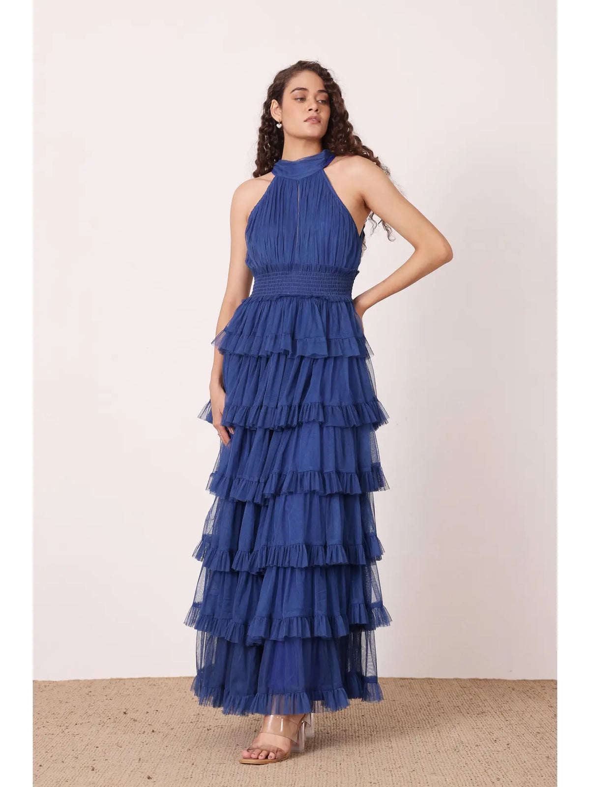 Lace & Beads Lucerne Halterneck Cobalt Blue Ruffle Maxi Dress