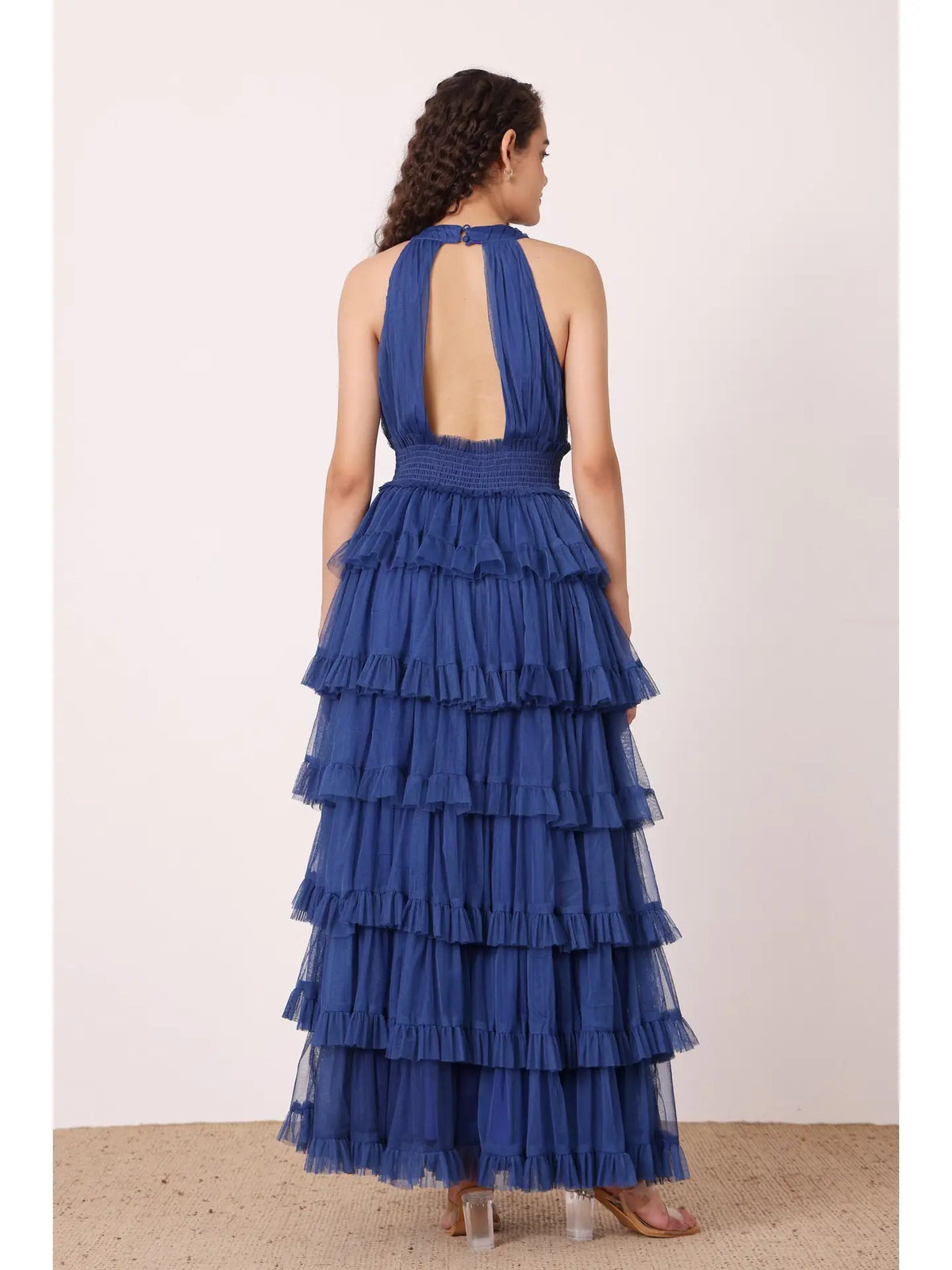 Lace & Beads Lucerne Halterneck Cobalt Blue Ruffle Maxi Dress