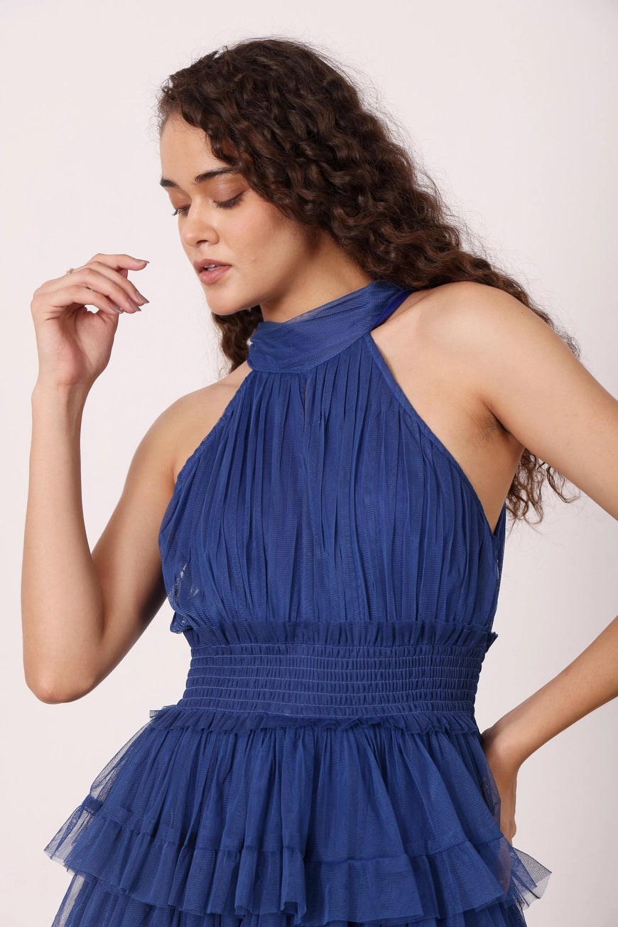Lace & Beads Lucerne Halterneck Cobalt Blue Ruffle Maxi Dress