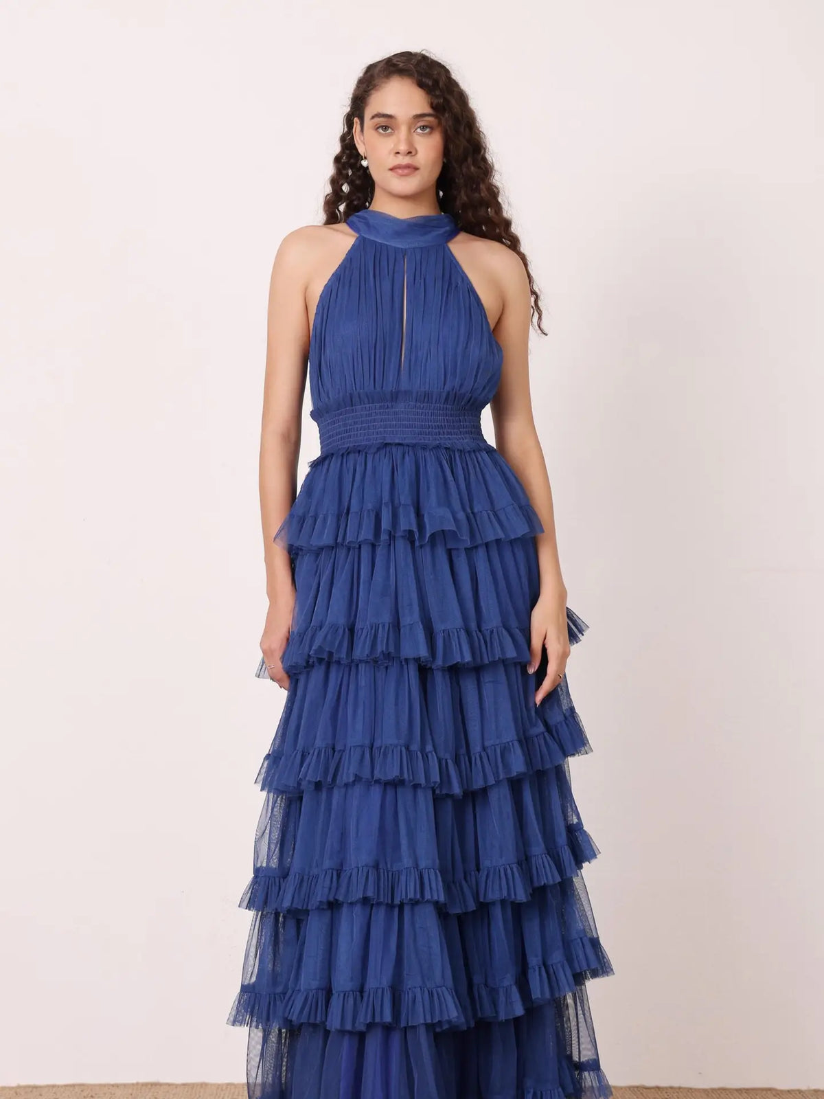 Lace & Beads Lucerne Halterneck Cobalt Blue Ruffle Maxi Dress