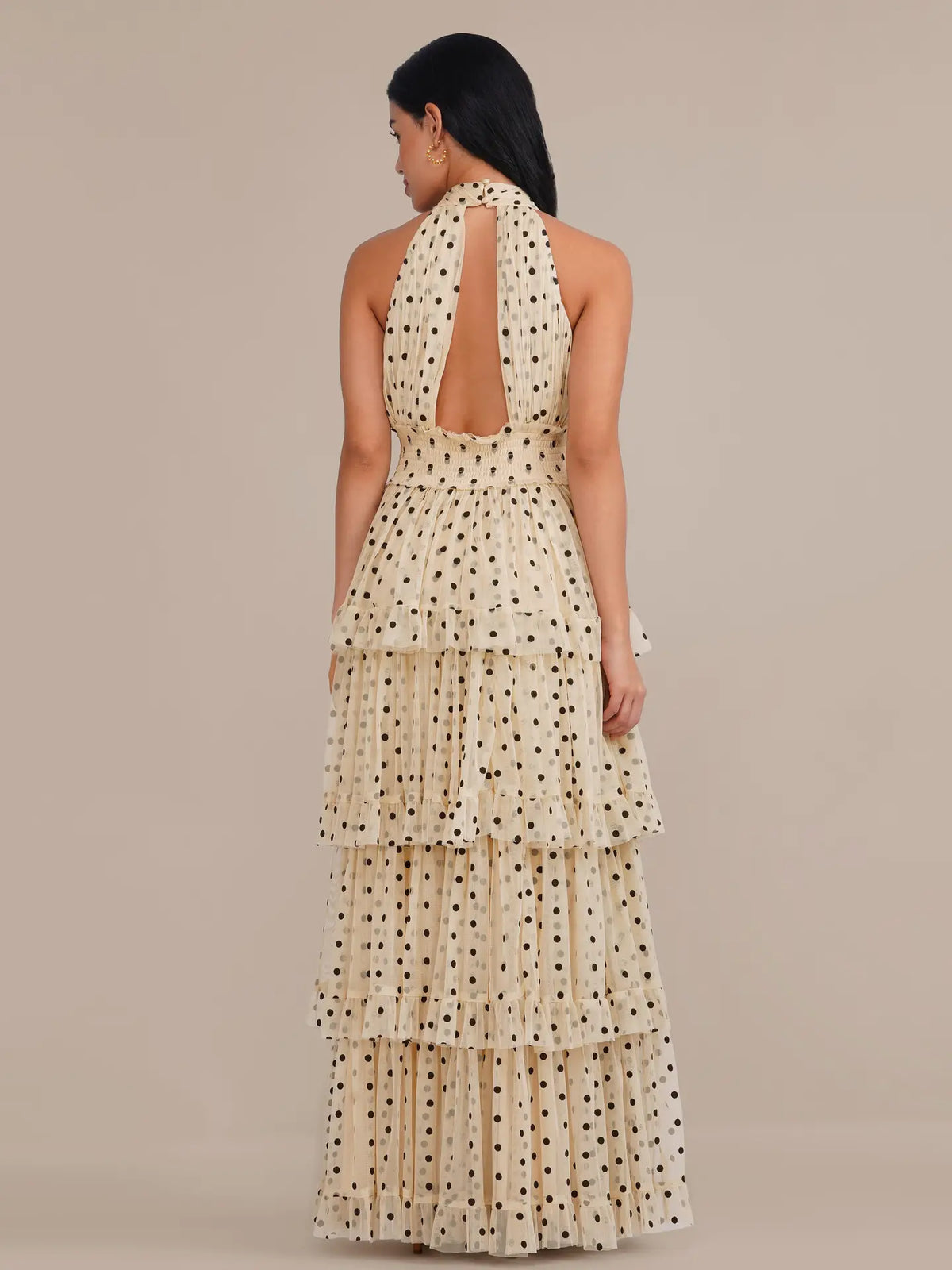 Lace & Beads Lucerne Halterneck Cream Polka Dot Tiered Maxi Dress