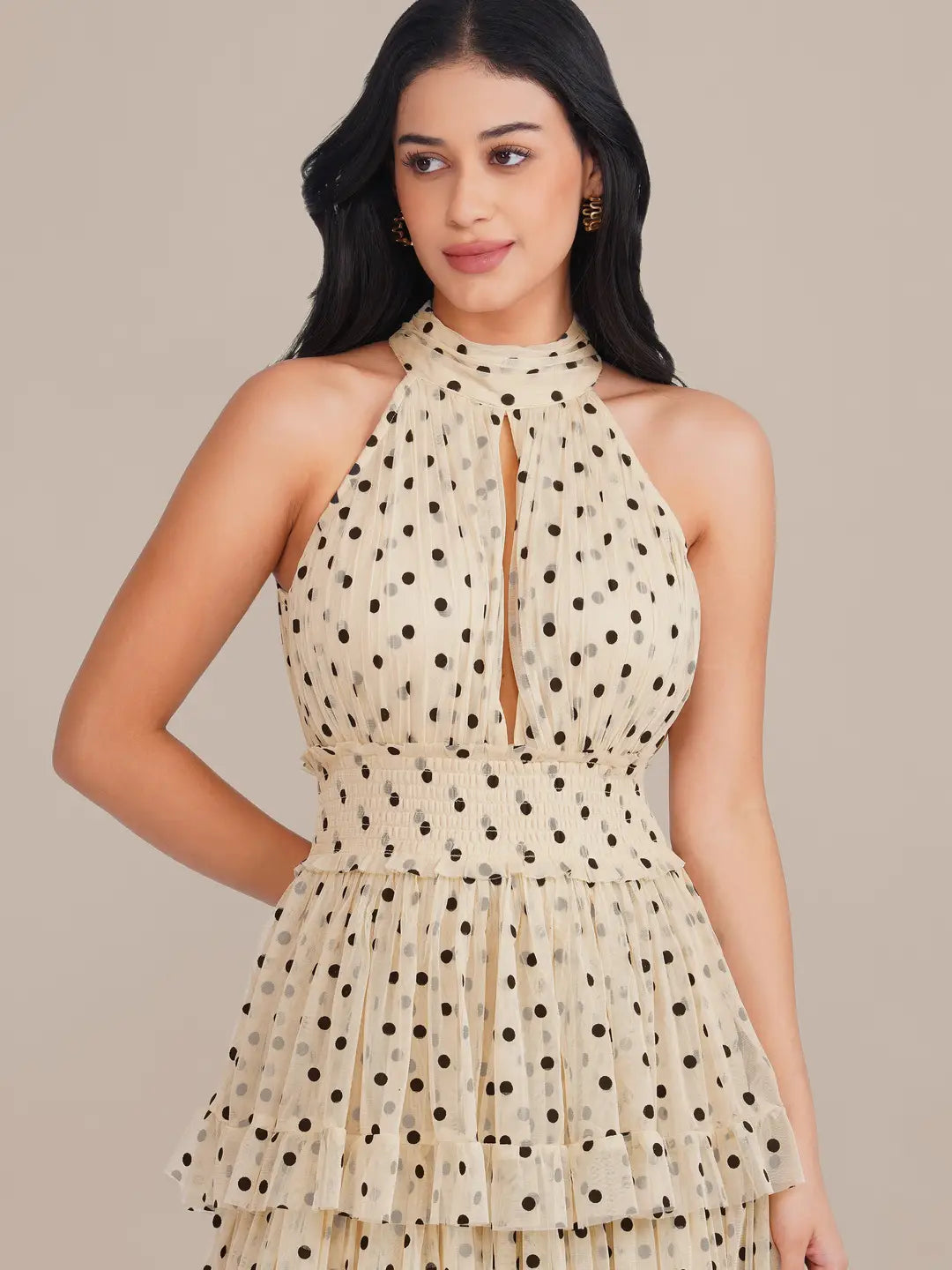 Lace & Beads Lucerne Halterneck Cream Polka Dot Tiered Maxi Dress