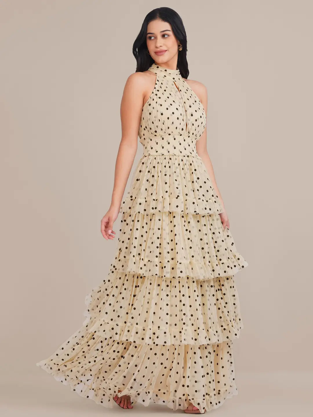 Lace & Beads Lucerne Halterneck Cream Polka Dot Tiered Maxi Dress